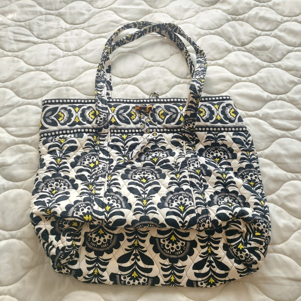 Vera Bradley Provencal Quilted Cotton Tote Bag Black White Yellow Floral